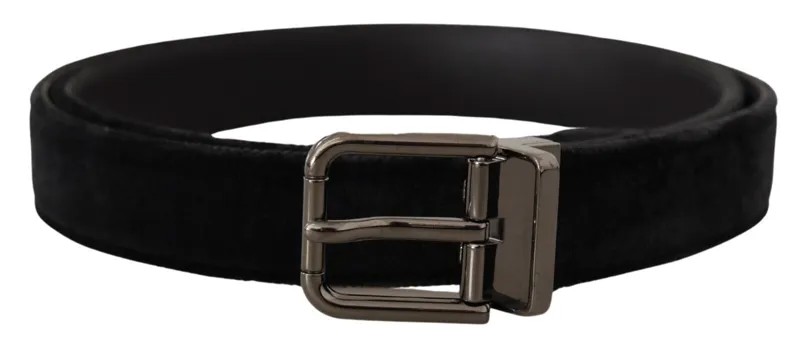 Ремень DOLCE - GABBANA Черный бархат серебристого цвета с металлической пряжкой с логотипом, длина 75 см / 32 дюйма