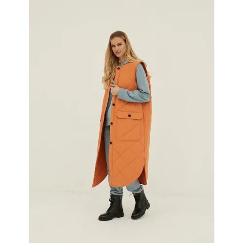 Жилет  hassfashion, демисезон/лето, удлиненный, силуэт прямой, утепленный, ветрозащитный, карманы, размер XS, оранжевый