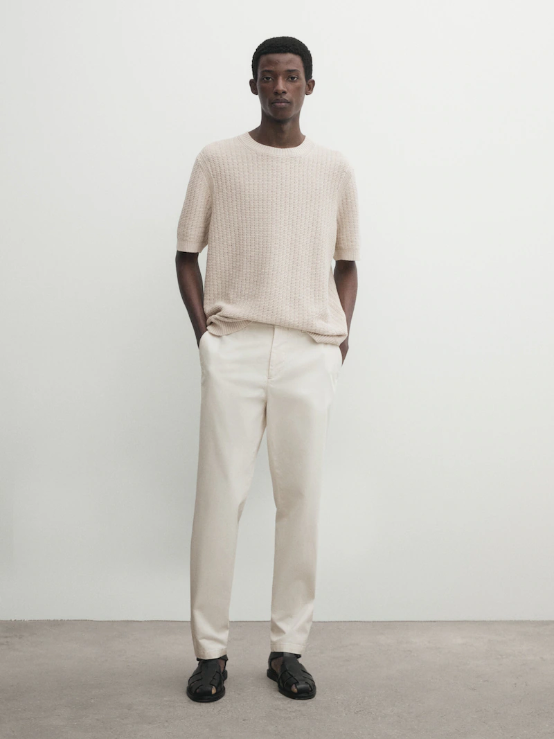 Трикотажная футболка из смеси хлопка и льна Massimo Dutti, бежевый