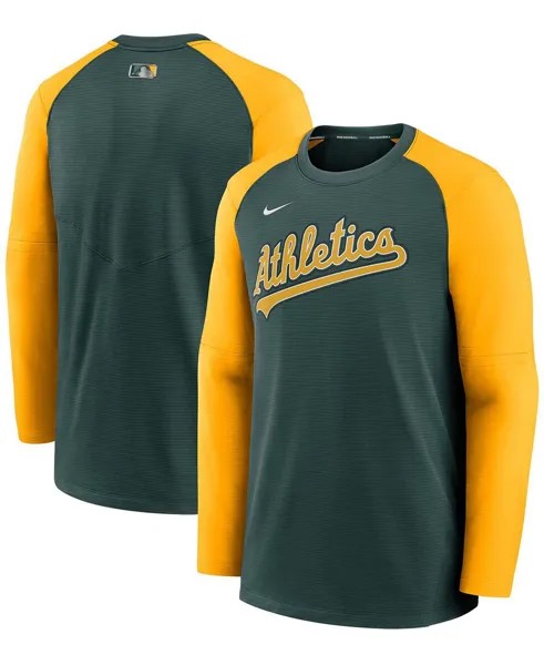 Мужская зеленая золотистая толстовка с пуловером реглан oakland athletics authentic collection pregame performance Nike, зеленый