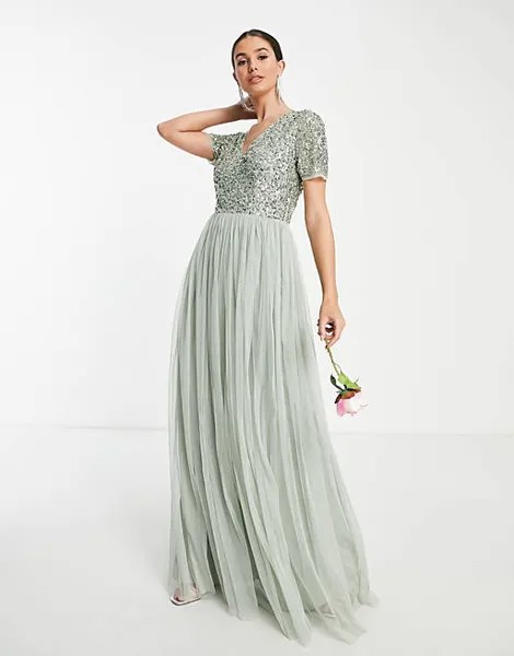 Платье макси из тюля Maya Tall Bridesmaid с короткими рукавами и изящными пайетками в тон шалфейного цвета