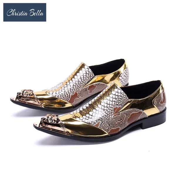 Роскошные золотистые лакированные кожаные мужские туфли, металлический острый носок, свадебные туфли, мужские деловые туфли