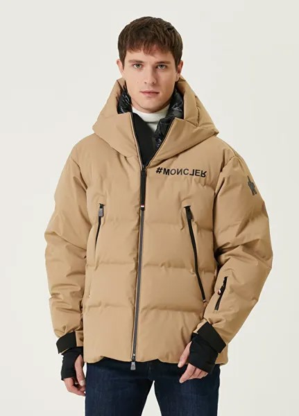 Бежевая лыжная куртка-пуховик с капюшоном Moncler Grenoble