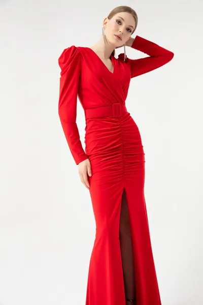 Женское красное двубортное вечернее платье с длинными рукавами и вырезом и разрезом Lafaba, красный