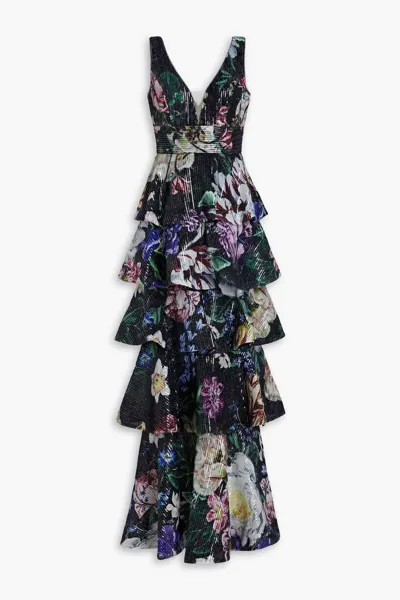 Многоярусное шифоновое платье с цветочным принтом и декором Marchesa Notte, черный