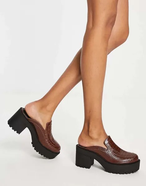 Туфли на массивном каблуке London Rebel из шоколадного крокодила