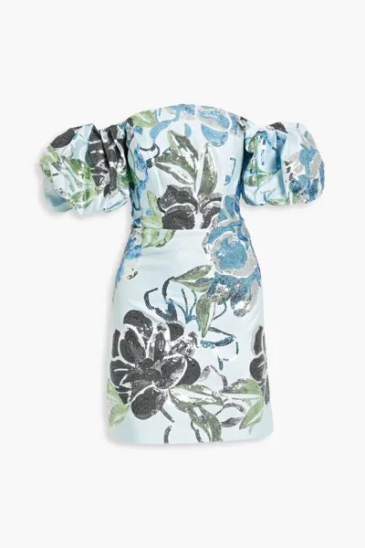 Атласное платье мини с открытыми плечами, украшенное пайетками Marchesa Notte, голубое небо