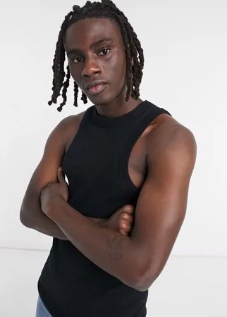 Черная обтягивающая майка в рубчик с горловиной-борцовкой ASOS DESIGN-Черный цвет