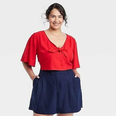 Рубашка с короткими рукавами и завязками спереди для женщин - A New Day Red XXL