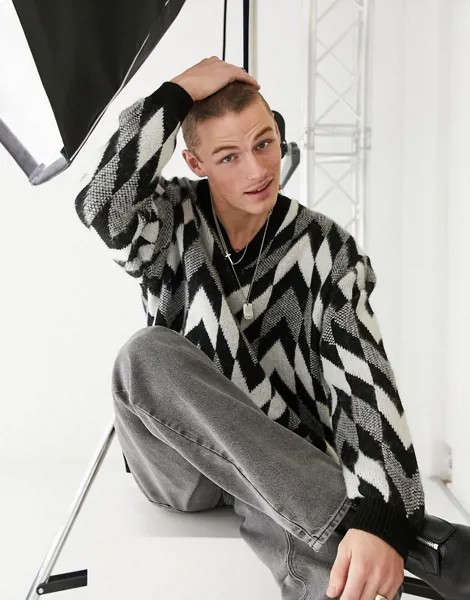 Oversized-джемпер в монохромную клетку с V-образным вырезом ASOS DESIGN-Черный цвет