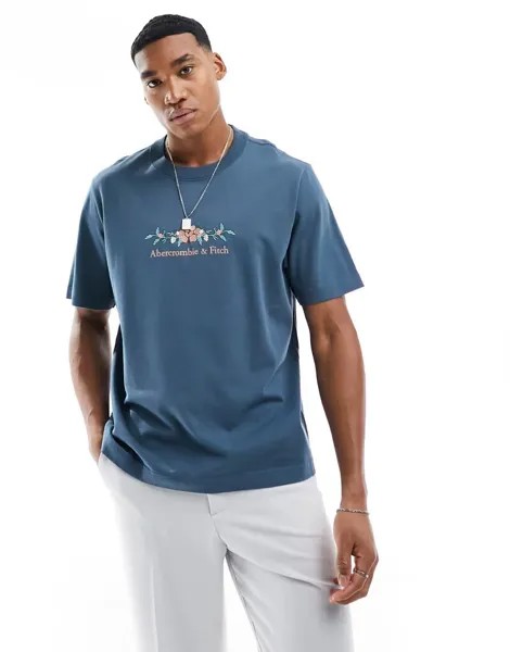 Темно-синяя футболка-тяжеловес Abercrombie & Fitch с вышитым цветочным логотипом на груди