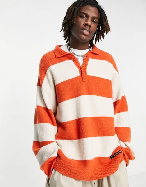Джемпер в стиле поло HUGO Slog темно-оранжевого цвета с белой полосой