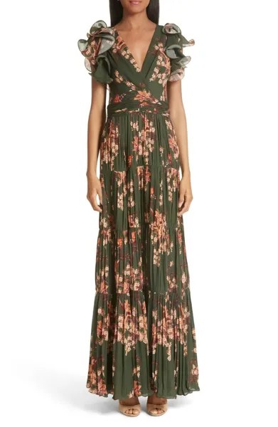 JOHANNA ORTIZ Шелковое макси-платье с рюшами и цветочным принтом в стиле ренессанс, зеленый лес, 4US
