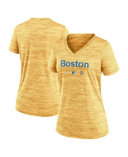 Женская золотая футболка Boston Red Sox MLB City Connect Velocity Space-Dye Performance с v-образным вырезом Nike, золотой