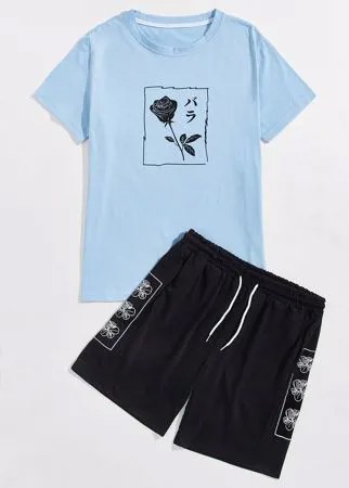 Мужская футболка с японским текстовым принтом и шорты с цветочным принтом
