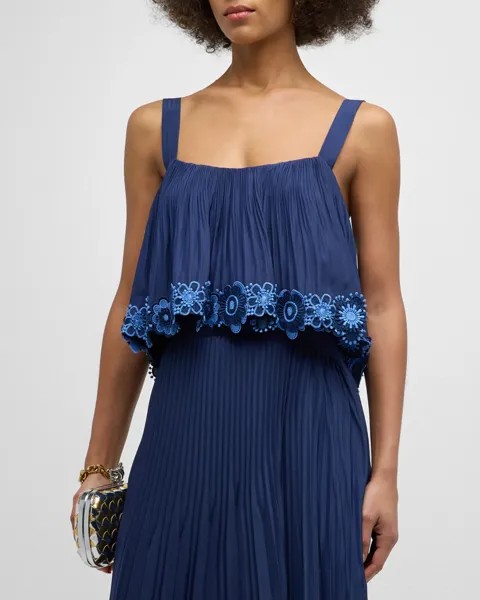 Плиссированный укороченный топ с цветочной вышивкой Elizabeth Ramy Brook, цвет Spring Navy