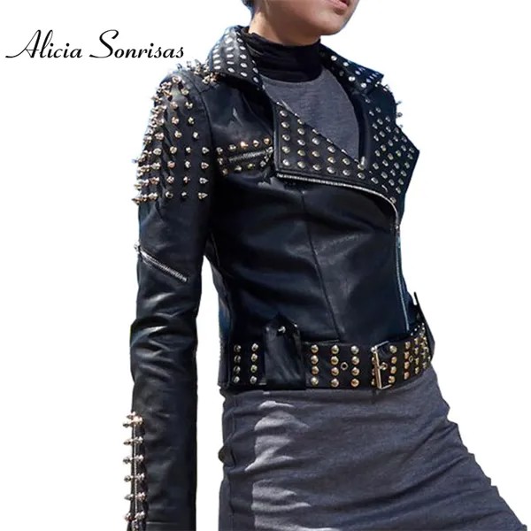 Куртка женская кожаная с заклепками, серебристо-черная приталенная байкерская куртка с панк-шипы звездами, осень