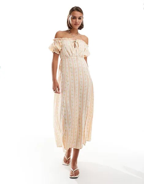 Miss Selfridge– Платье макси с открытым вырезом в полоску и цветочным принтом