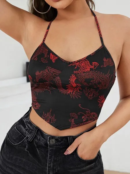SHEIN ICON короткая рубашка с воротником-бретелькой, асимметричная, с принтом китайского дракона, многоцветный
