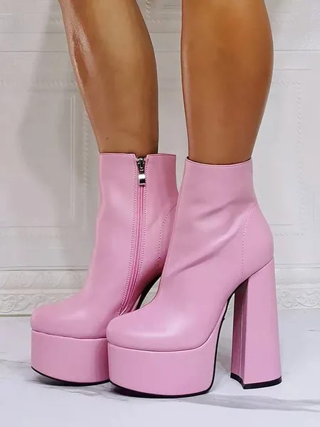 Milanoo Women Booties Geometric Round Toe Chunky Heel PU Leather Pink Ankle Boots