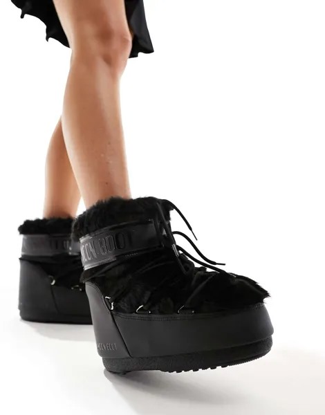 Черные зимние ботинки до щиколотки Moon Boot из искусственного меха
