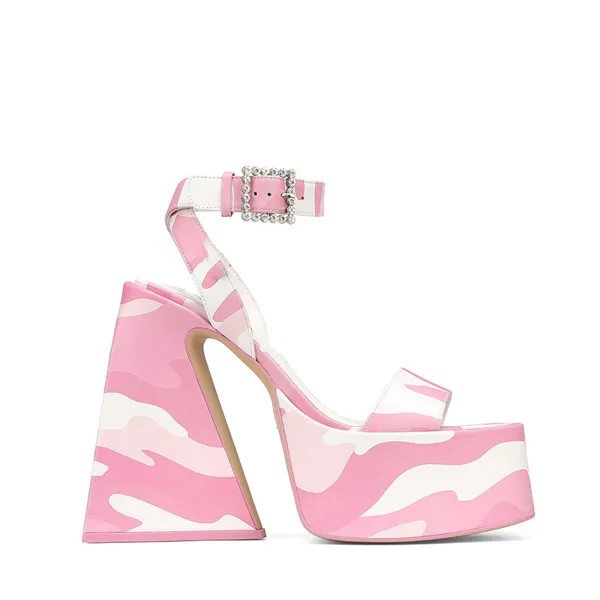 Женские босоножки на высоком каблуке, розовые камуфляжные сандалии с квадратным носком, на толстой водной платформе, на лето