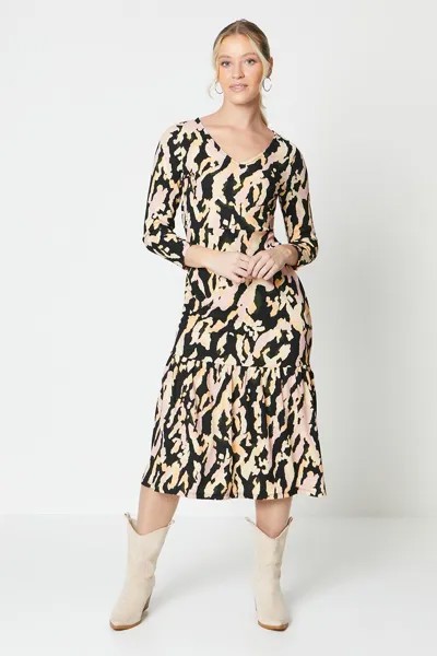 Многоярусное платье миди с V-образным вырезом и рукавами ¾ Animal Animal Dorothy Perkins, мультиколор