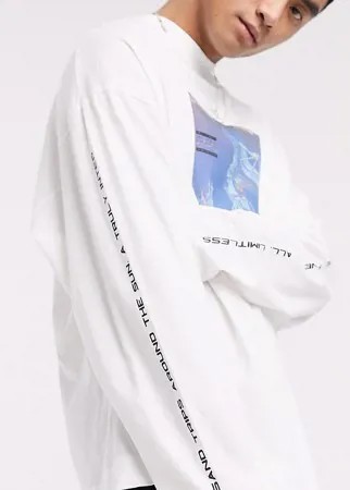 Белый меланжевый лонгслив в стиле oversized с принтом COLLUSION