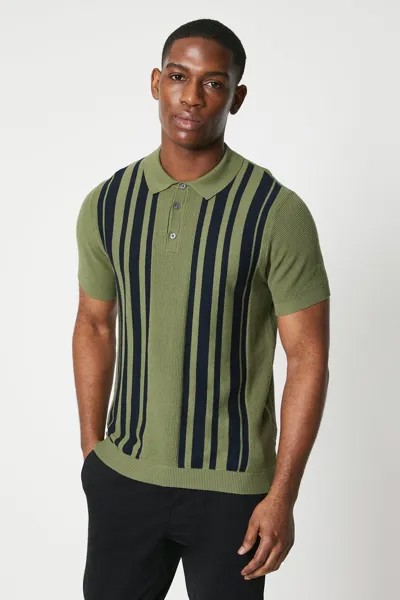 Вязаная рубашка-поло в полоску с полосками Moss Stitch Burton, хаки