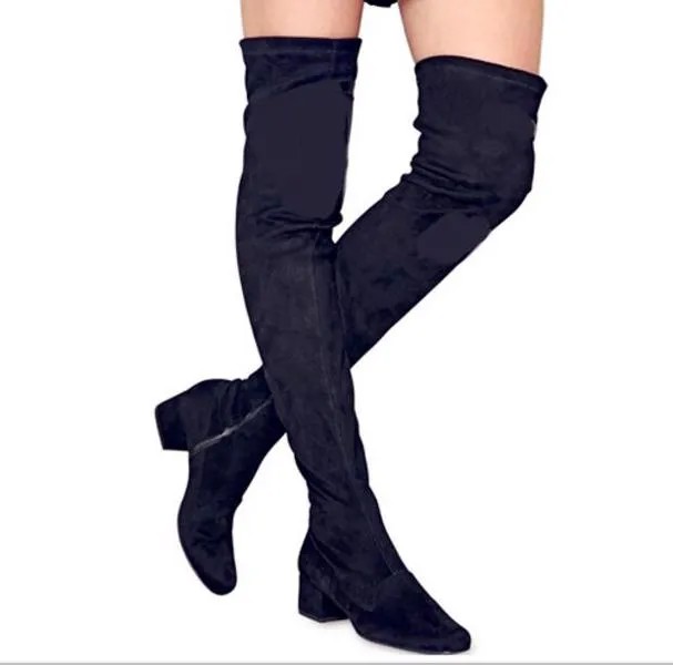 Черные ботфорты выше колена облегающие Стрейчевые сапоги с боковой молнией женские мотоботы с круглым носком на квадратном каблуке DFS110