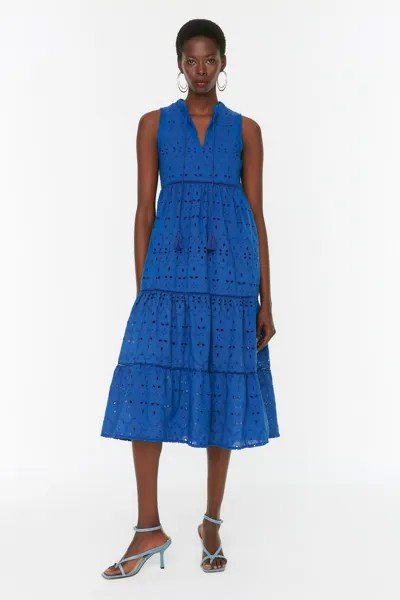 Тканое платье миди прямого кроя цвета индиго на подкладке с кисточками и детальной отделкой Trendyol, темно-синий