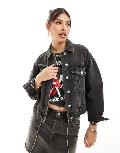Черная джинсовая куртка оверсайз Pull&Bear