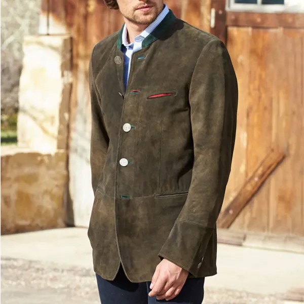 Мужской винтажный замшевый пиджак с воротником-стойкой повседневное пальто средней длины с карманами контрастного цвета и карманами