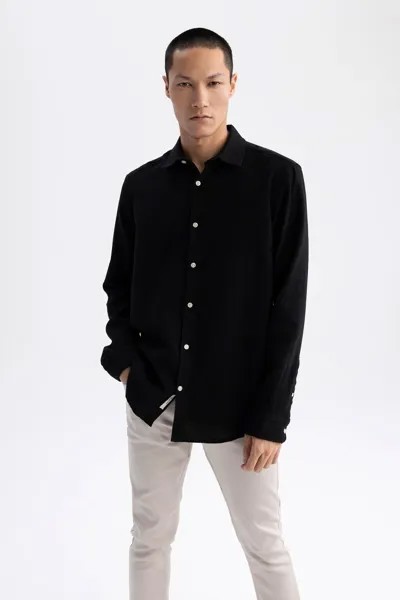 Текстурированная рубашка из 100 % хлопка с длинными рукавами и воротником-поло современного кроя DeFacto, черный