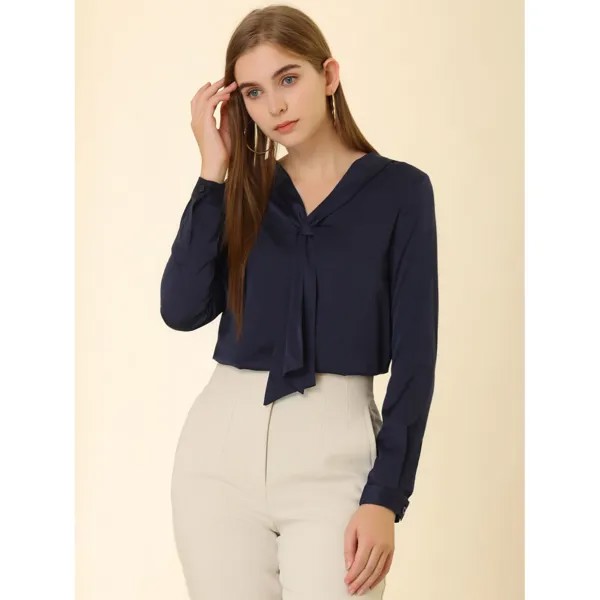 Женская атласная рубашка с завязками и длинными рукавами, однотонная, элегантная офисная рабочая рубашка, топ ALLEGRA K