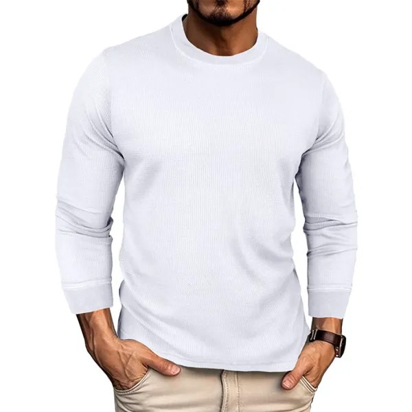 Мужская однотонная вафельная футболка с длинным рукавом спортивная футболка для фитнеса