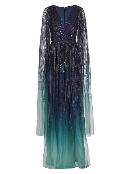 Украшенное шифоновое платье с накидкой и рукавами Marchesa Notte, синий