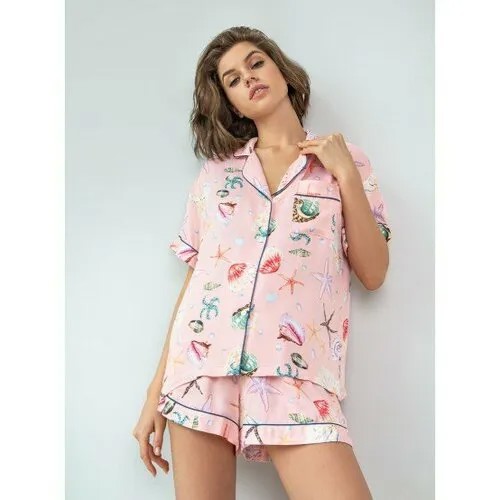 Пижама Indefini, рубашка, шорты, застежка пуговицы, короткий рукав, карманы, пояс на резинке, размер XL, розовый