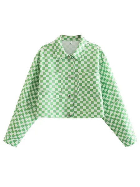 Milanoo Women Jacket Turndown Collar Plaid Pattern Long Sleeves Pockets Polyester Short Jacket