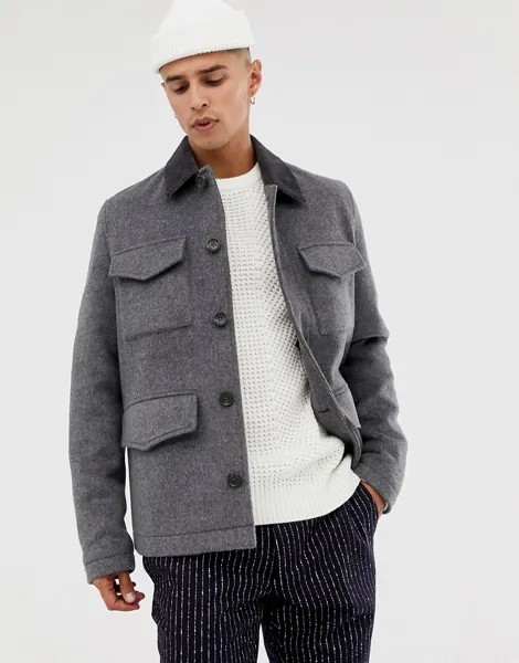 Темно-серая полушерстяная куртка с вельветовым воротником ASOS DESIGN-Серый
