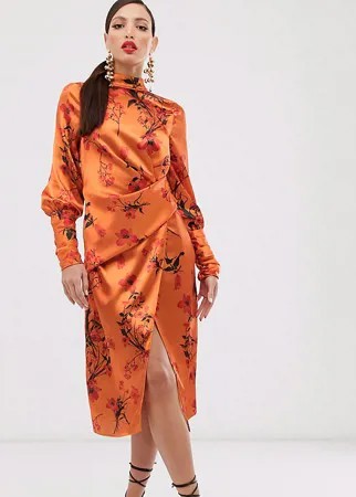 Атласное платье миди с длинными рукавами и цветочным принтом ASOS DESIGN Tall-Мульти