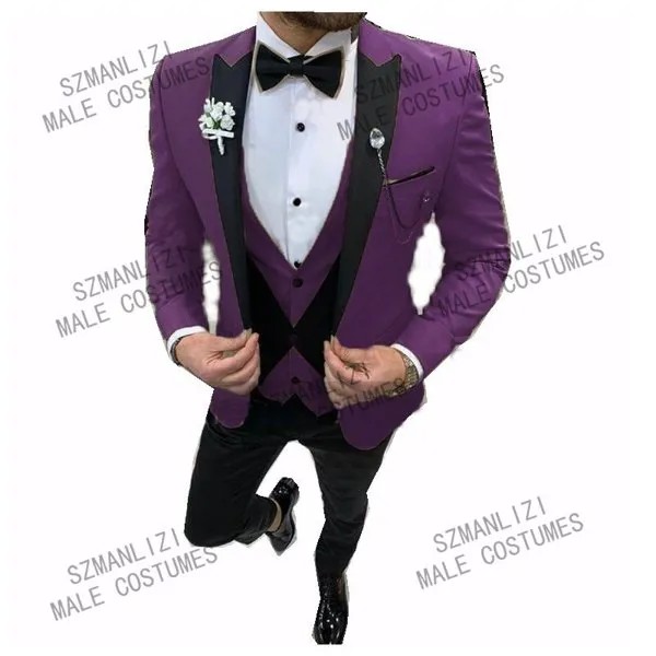 Мужской костюм для вечеринки, сиреневый модный смокинг для жениха с заостренными лацканами (Блейзер + брюки + жилет), индивидуальный пошив, д...