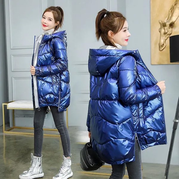 2022 Новая зимняя куртка Parkas Женщины Глянцевый пух хлопок Куртка с капюшоном Parka Теплая женская хлопчатобумажная мягкая куртка Повседневная верхняя одежда P985