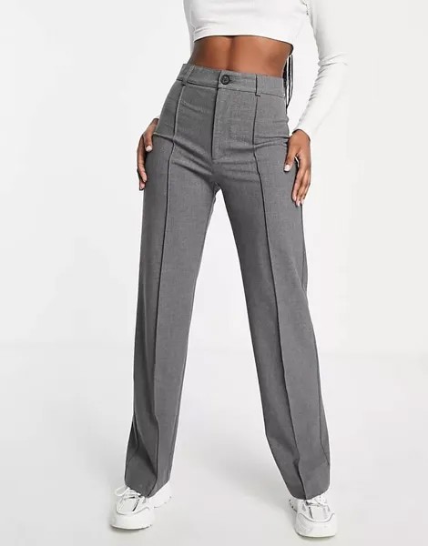 Серые прямые брюки с завышенной талией и швами спереди Pull&Bear, серый