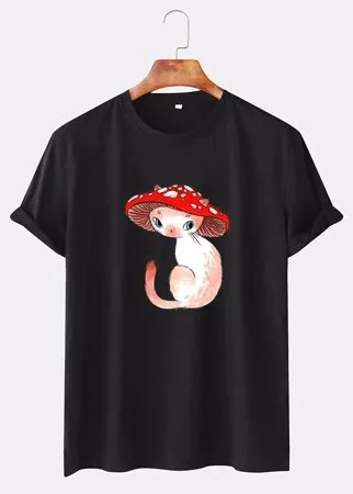 Mens Cartoon Mushroom Cat Print Round Neck Short Sleeve T-Shirts