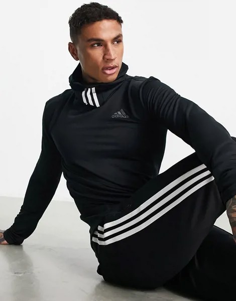 Черный лонгслив с балаклавой и тремя полосками adidas Training Cold Rdy-Черный цвет