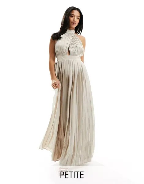 Платье макси цвета шампанского со складками, вырезом халтер и пышной юбкой TFNC Bridesmaid