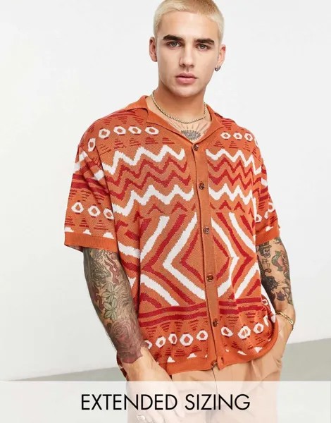Оранжевая трикотажная рубашка-поло оверсайз с ацтекским принтом ASOS DESIGN