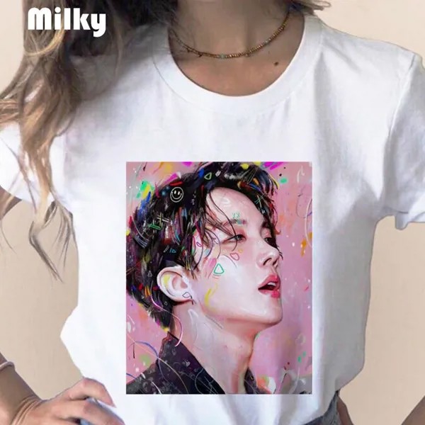 Харадзюку Джин Суга Женщины S Bangtan Мальчики Принт Футболка Лето J Hope Jimin V Jungkook 90s Корейский Kpop Топы Футболка Женская одежда
