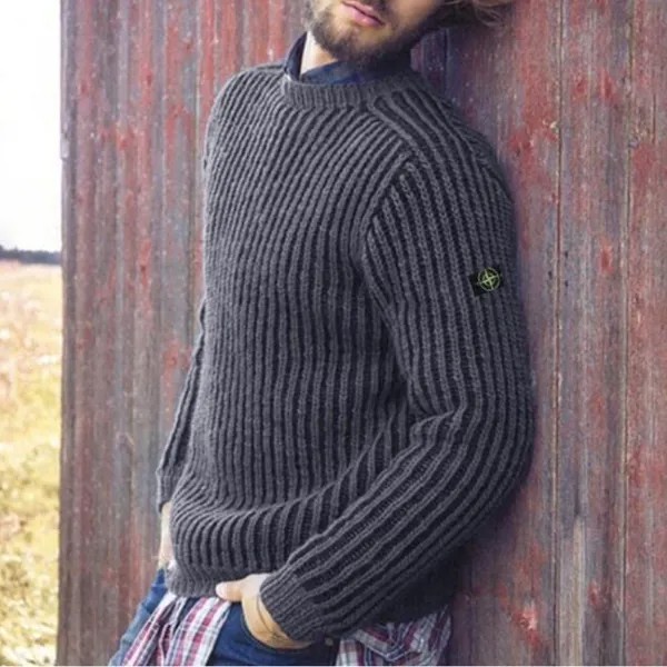 Мужской однотонный модный повседневный пуловер с круглым вырезом свитер